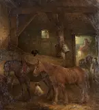 Edward Robert Smythe, Working horses in a stable, oil on canvas
