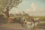 William Sidney Cooper, Sheep resting; Cattle watering, oil on canvas