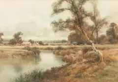 Creswick Boydell R.C.A., Sheep grazing by a river, with a cottage in the foreground, watercolour heightened with white