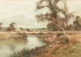 Creswick Boydell R.C.A., Sheep grazing by a river, with a cottage in the foreground, watercolour heightened with white