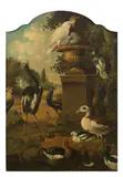 Jakob Bogdani, A cockatoo, peacock with other birds and ducks in a park landscape, oil on canvas, arched top
