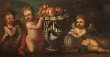 Continental School, Putti beside campana shaped vase with fruit, oil on canvas