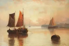Edward Henry Eugene Fletcher, Fishing vessels moored off the harbour, oil on canvas