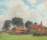 Allan Gwynne-Jones, Farm buildings in sunlight, oil on canvas