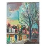 Jules Schyl, Houses and trees by the canal, oil on canvas