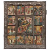 maker's mark in Cyrillic 'IA', Russia, 19th century by Icon of the Resurrection and Descent into Hell, realistically painted in silver-gilt oklad, depicting the Twelve Holiday Feasts on borders, sold Sep 2025