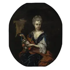 Constantijn Netscher, Portrait of a lady, wearing a blue dress, three-quarter length, holding a crown of flowers and seated before a landscape, oil on canvas, oval, let in