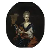 Constantijn Netscher, Portrait of a lady, wearing a blue dress, three-quarter length, holding a crown of flowers and seated before a landscape, oil on canvas, oval, let in
