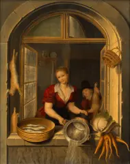 Gerrit Dou, A maid and a boy with a basket of fish at a casement, oil on panel