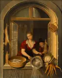 Gerrit Dou, A maid and a boy with a basket of fish at a casement, oil on panel