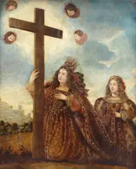 Spanish Colonial School, Saint Catherine of Alexandria with her attendant, oil on copper engraving plate