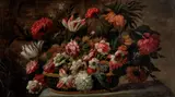French School, Still life with a basket of flowers, oil on canvas