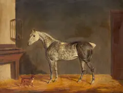 James Loder, Molly Gray and Mustard, a favourite terrier, in a stable interior, oil on canvas