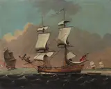William Jackson, A two masted British ship and other vessels on a choppy sea, oil on canvas