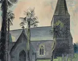 Edward Bawden R.A., Church and palm trees, pen and ink, watercolour and pencil on paper