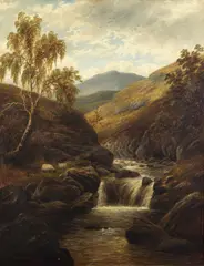 William Mellor, Sheep grazing beside a waterfall, oil on canvas