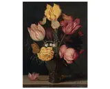 Ambrosius Bosschaert le vieux, Tulipes, iris, rose et muguet dans un römer posé sur un entablement, Cuivre