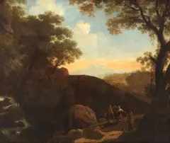 Herman van Swanevelt, Figures in an Italianate landscape at sunset, oil on panel