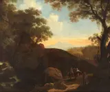 Herman van Swanevelt, Figures in an Italianate landscape at sunset, oil on panel