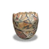 Carolyn Genders, Monumental deep bowl, Earthenware, blue, orange and reddish brown glazes in hand painted designs over a cream body