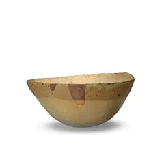 Open bowl by Ewen Henderson, Stoneware, cream and light blue crawling glazes over a dry pale brown body, sold Jan 2026
