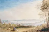 Figures on a hill, with a view across St Helier, Jersey beyond by Circle of Paul Jacob Naftel, watercolour heightened with white, sold Jan 2026