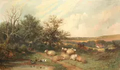 Edwin L. Meadows, A rural landscape with figures on a path and sheep resting beside a pond, oil on canvas