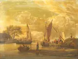 Abraham Jansz Storck, Figures boarding ferries in a river landscape, oil on canvas