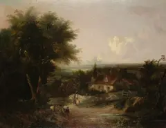 Cottage by a road in a landscape by British School, oil on canvas, sold Jan 2026