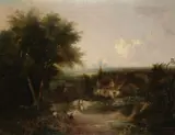 British School, Cottage by a road in a landscape, oil on canvas
