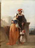 Ra William Powell Frith, Young couple with a small child against a landscape in period costume, oil on board