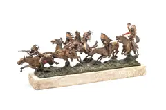 Carl Kauba, cold painted bronze equestrian model of five Native American warriors crossing a river, cold painted bronze