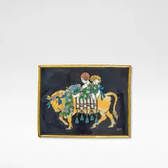 Harold Stabler, Enamelled plaque, 1912, Cloisonné enamel, depicting two putti riding a bull festooned with flowers, set within a brass surround