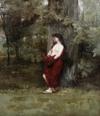 Jean-Jacques Henner, A female nude in a woodland landscape, oil on canvas
