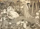 George Woolliscroft Rhead, Mediaeval figures in a garden, pen and ink