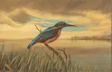 British School, Kingfisher on a branch, oil on board