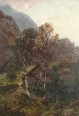 George Gray, Figures conversing by a cottage in the shadow of a mountain,