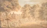 Michael Vincent, A large gathering around a country house, watercolour over traces of pencil