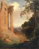 Continental School, 19th Century, Figure seated at the Temple of the Sibyl, Tivoli, Rome beyond, oil on panel