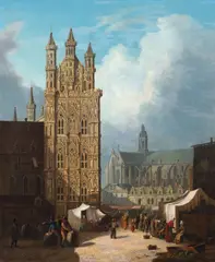 Market day, Leuven by Joseph Francis Ellis, oil on canvas, sold Sep 2025