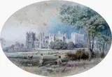 View of Raby Castle, Yorkshire, the seat of the Duke of Cleveland by Rws Myles Birket Foster, watercolour (oval), sold Sep 2025