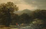 English School 19th century, A mother and child on a woodland path, a tor in the distance, oil on canvas