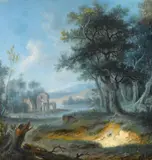 German School, A river landscape with a cottage and ruins, oil on panel
