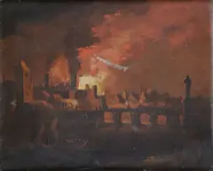 German School, A village fire, said to be at Dülden in 1704, oil on panel