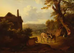 Donkeys before a farm cottage by Philip Reinagle, oil on panel, sold Sep 2025