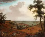 Charles Catton the Elder R.A., A drover with his herd in a hilly landscape, before a country house, oil on canvas