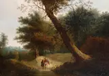 French School, 19th century, Crossing a stream, oil on panel