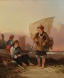 Snr. William Shayer, Sorting the catch; Fisherfolk at sunset, oil on canvas