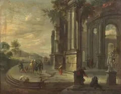 Cornelis de Wael, A Mediterranean harbour with figures in the foreground, oil on canvas