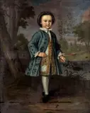 Bartholomew Dandridge, Portrait of a boy, full-length, in blue standing in a landscape, oil on canvas